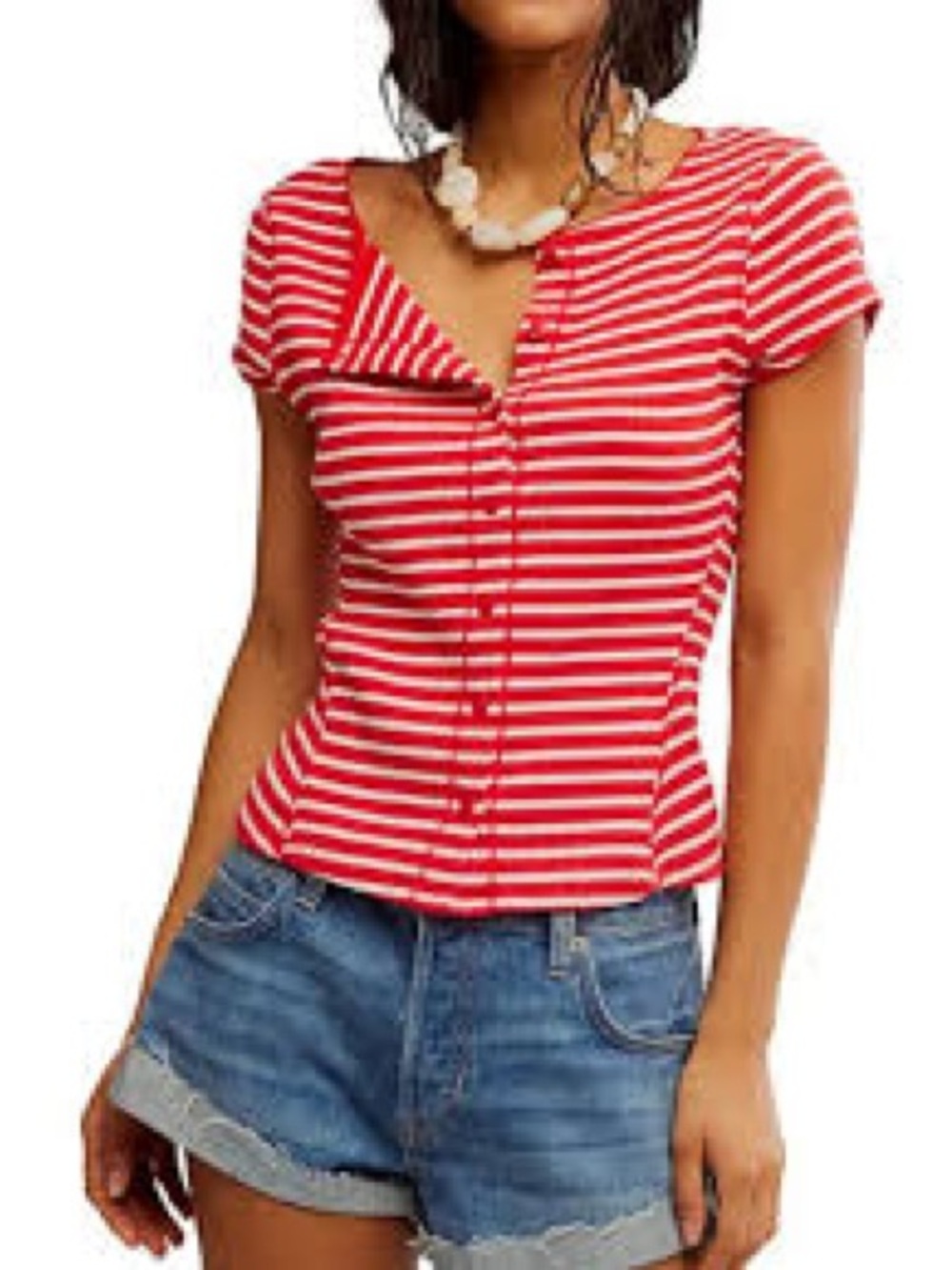 Free People Red and White Striped Short Sleeve Ribbed Button-Front Top - Picture 3 of 4